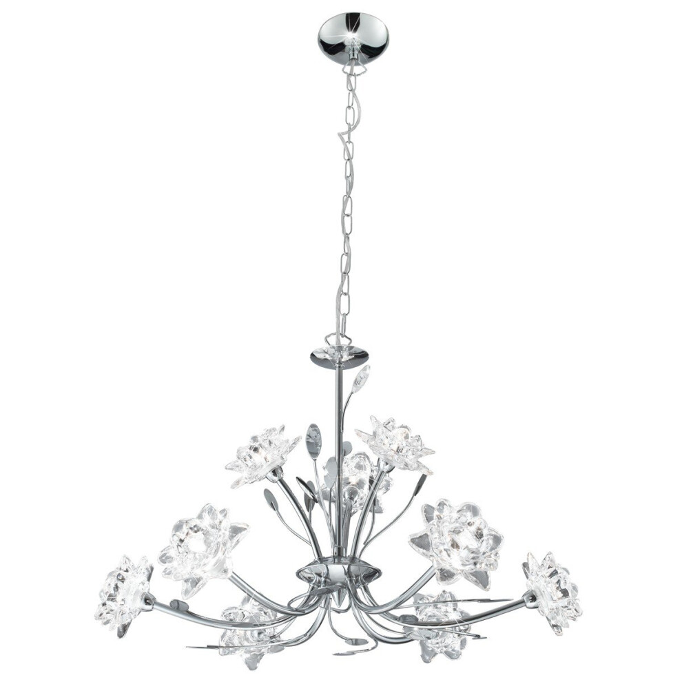 9 Arm Chrome Pendant With Clear Flower Glass