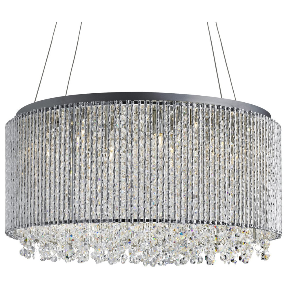 Search 8 Drum Pendant Chrome, Clear Crystal Button Drops, Aluminimum Outer Trim Light