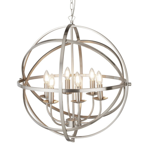 Searchlight 6 Light Cage Frame Orb Pendant Satin Silver