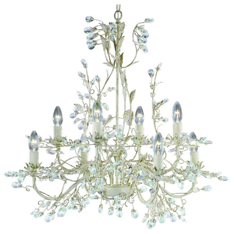 8 Light Shabby Chic Pendant, Cream/Clear Crystal