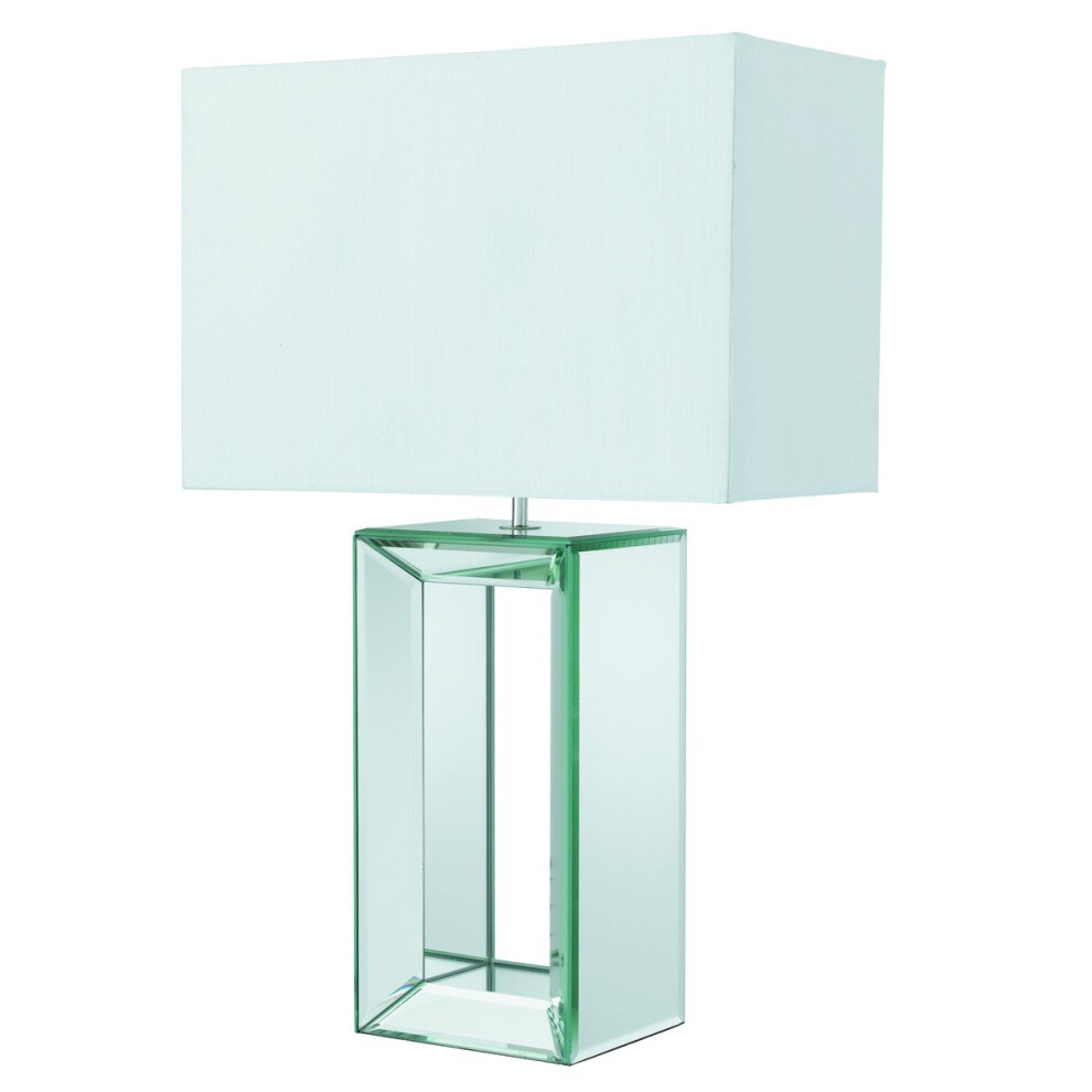Modern Table Lamp Mirrored Glass Base With White Faux Silk Shade