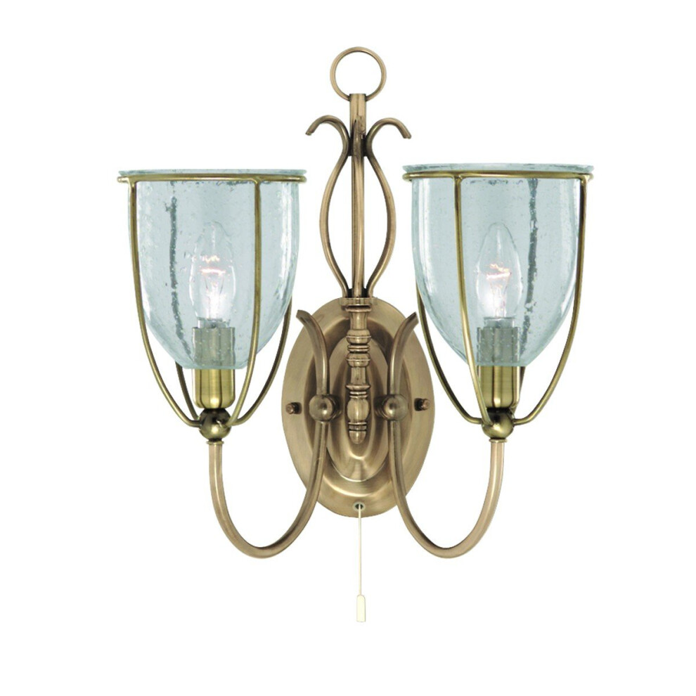 2 Light Antique Brass Wall Bracket Clear Seeded