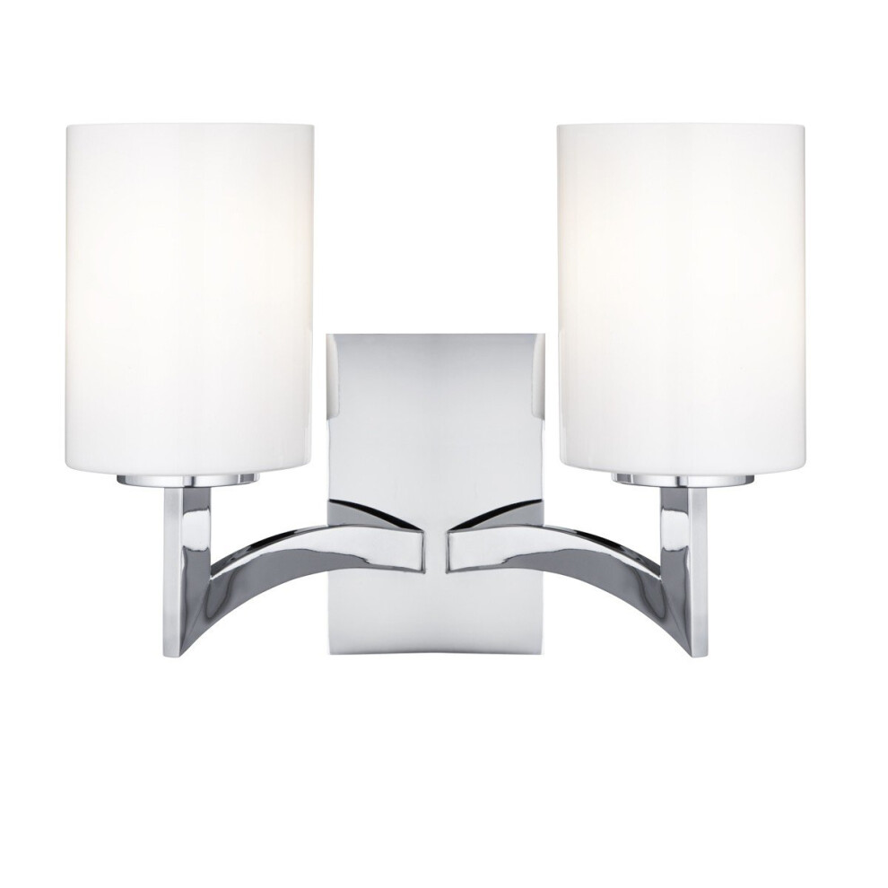 2 Light Chrome Wall Light Opal White Glass Cylinder Shades