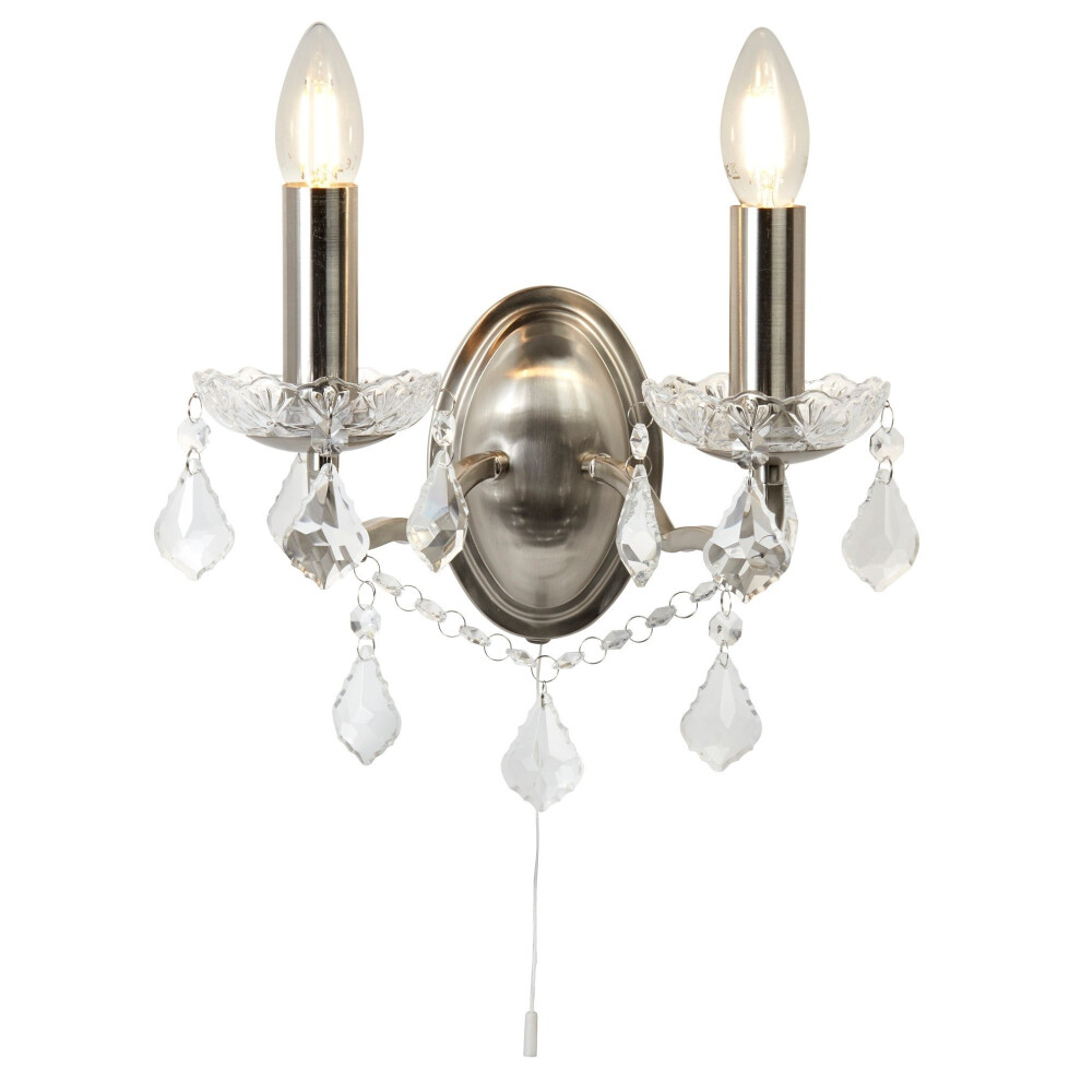 Searchlight Paris 2 Lights Satin Silver Clear Crystal Drops Trim Wall Bracket