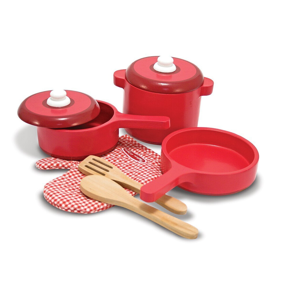 Melissa & Doug Deluxe Wooden Kitchen Accessory Set - Pots & Pans (8 Pcs)