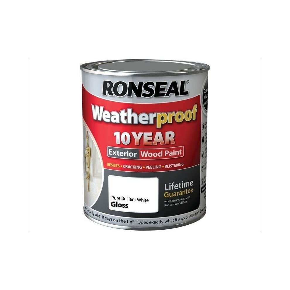 Ronseal 10 Year Weatherproof Exterior Wood Paint 750ml - GLOSS Pure Brilliant White