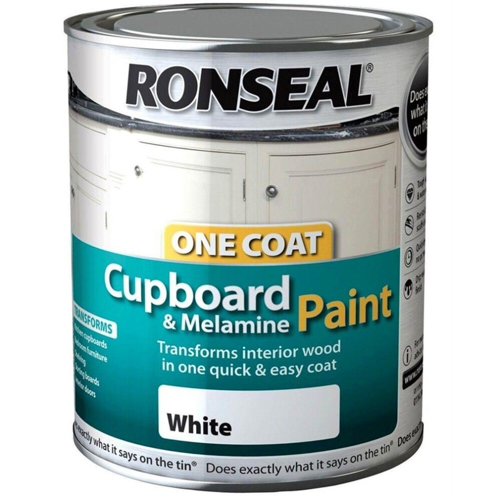 Ronseal One Coat Cupboard Melamine & MDF Paint 750ml - HIGH GLOSS White