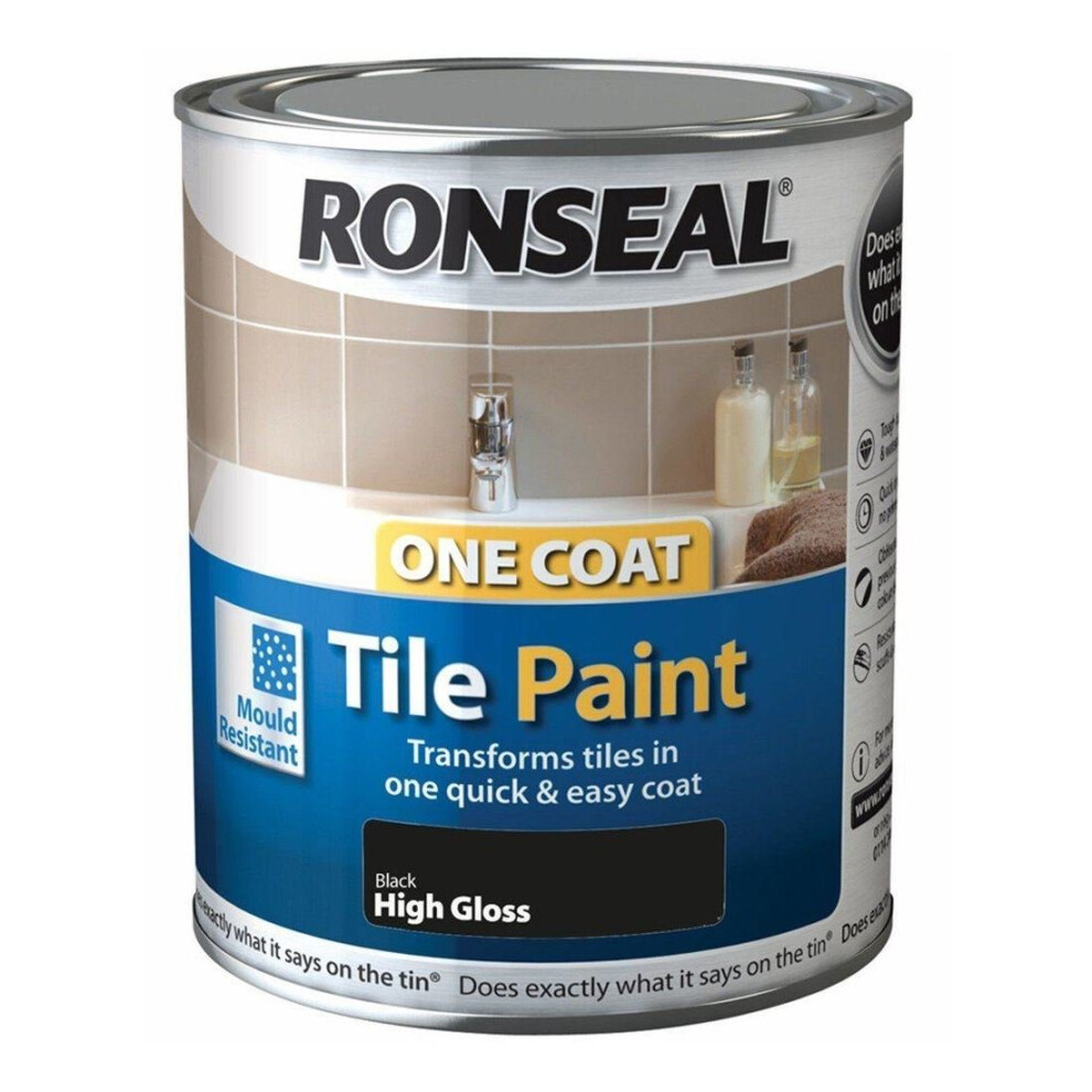 Ronseal One Coat Tile Paint 750ml - HIGH GLOSS Black