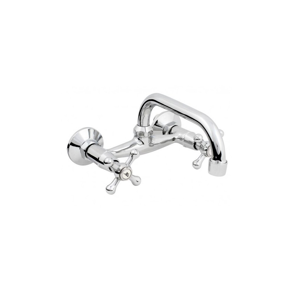 Chromed Brass Wall Mounted Mixer Faucet 20cm C-type Spout Tap with Retro Heads