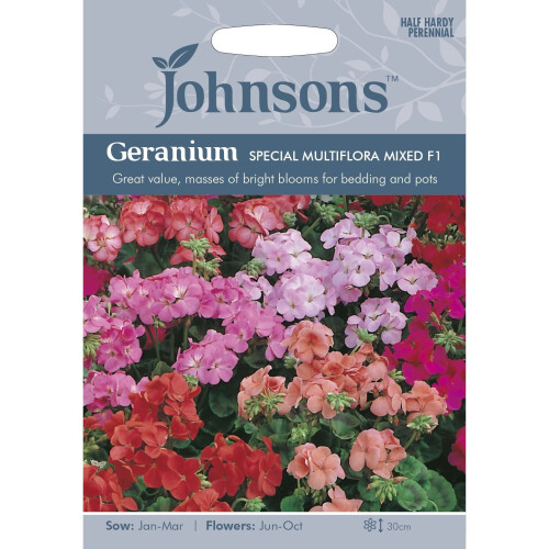 Johnsons Seeds - Pictorial Pack - Flower - Geranium Special Multiflora Mixed F1 - 10 Seeds