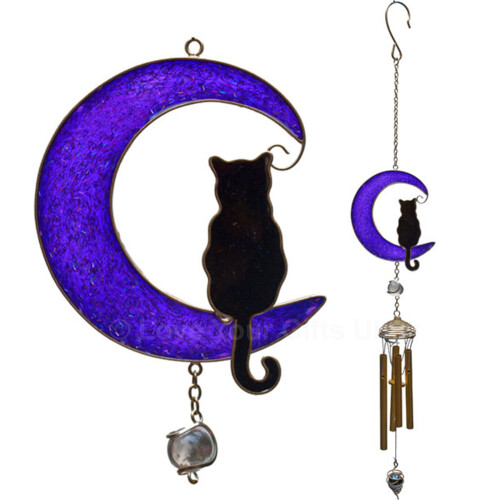 Black Cat Wind Chime with Glitter Purple Moon