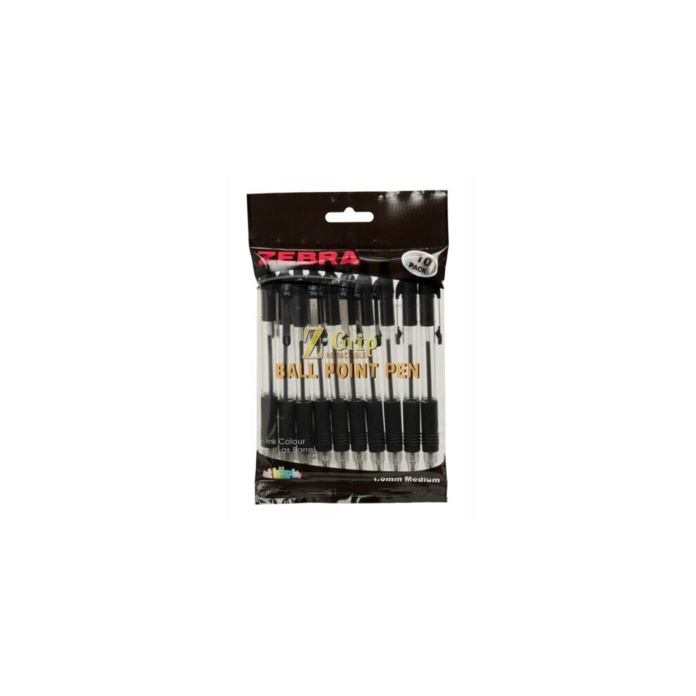 Zebra "Z-Grip" Ballpoint Pens Retractable Click Pens- Black – Pack of 10