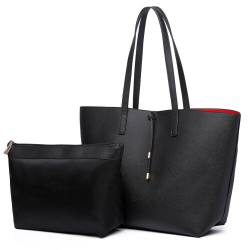 Miss Lulu (Black 6628) Reversible Faux Leather Handbag & Pouch