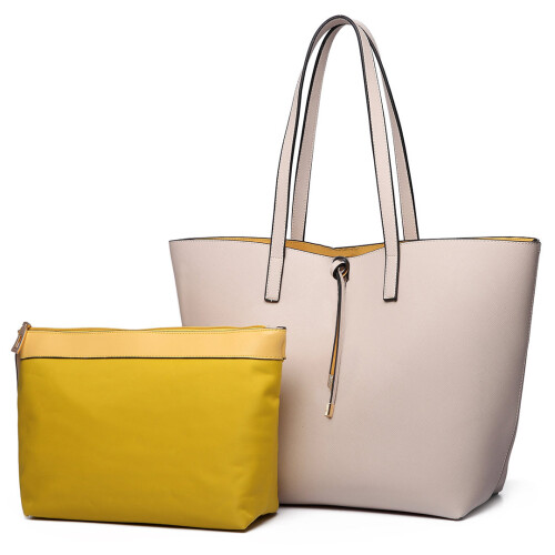 Miss Lulu (Beige 6628) Reversible Faux Leather Handbag & Pouch