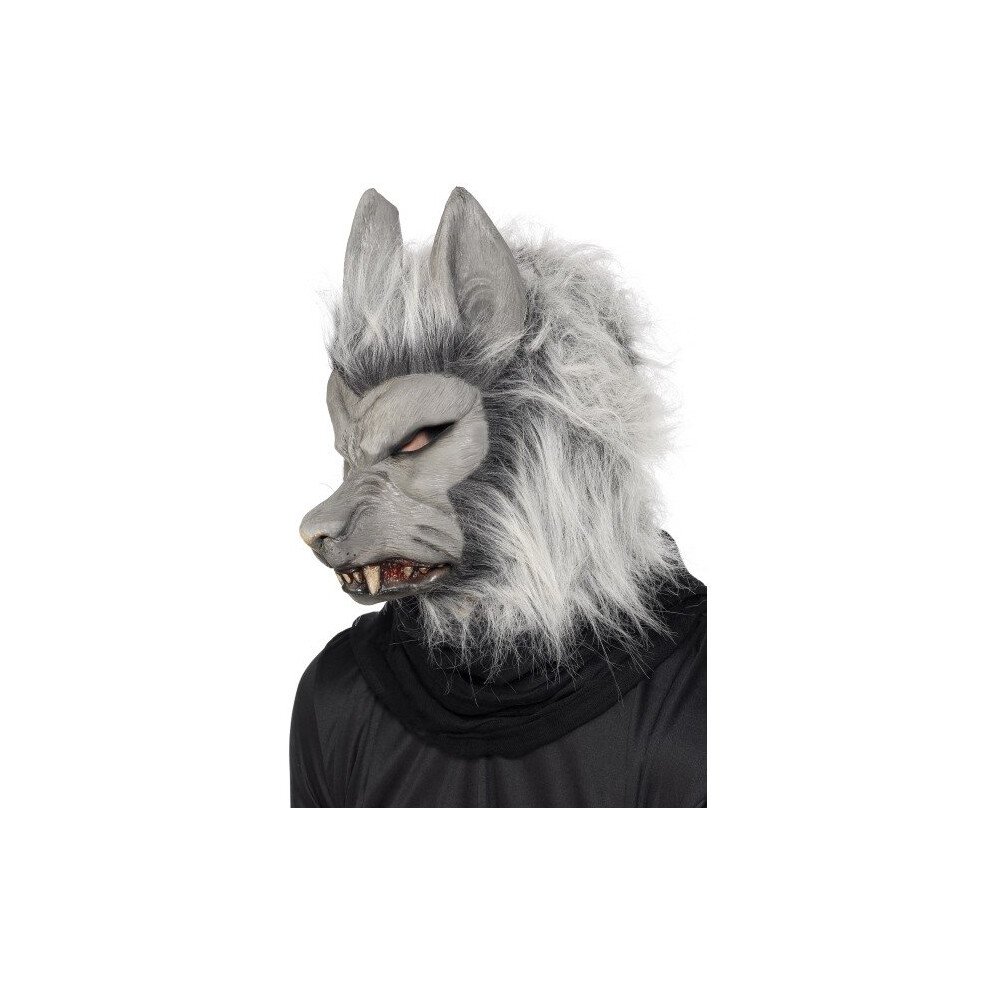 Smiffy's Werewolf Mask With Hair - Werewolf Mask Halloween Fancy Dress Accessory Hair Adult Grey Horror Silver Ears Unisex Costume Silver,Grey