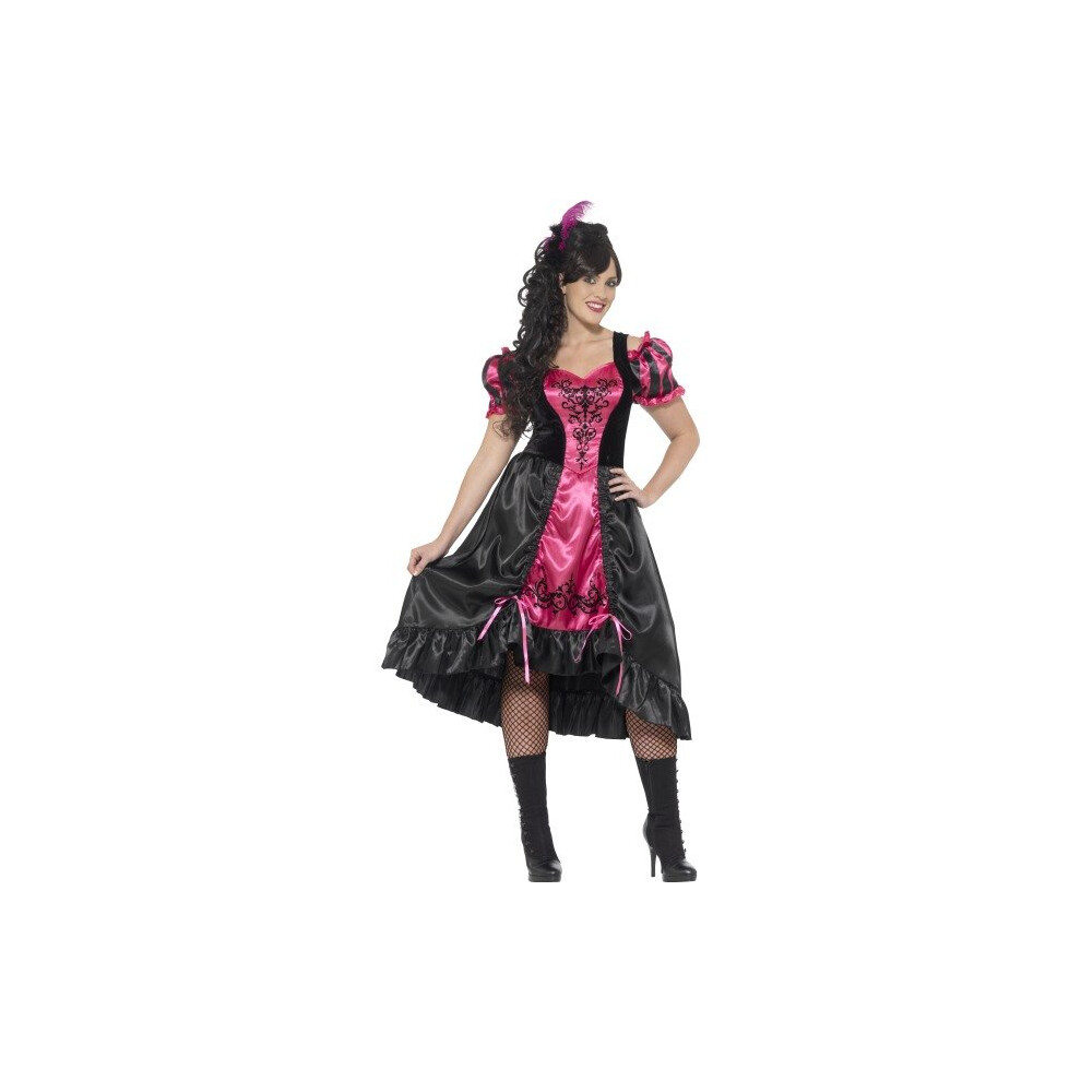 Smiffy's Women's Wild West Saloon Girl Costume, Dress And Feather Hairclip, - Costume Saloon Fancy Dress Sassy Girl Ladies Curves Wild Plus Size Multicolor