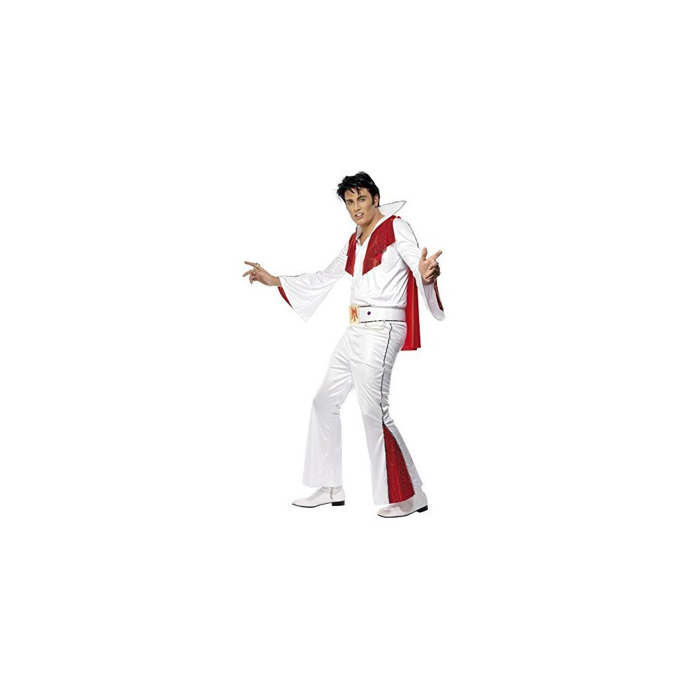 Elvis Costume, White & Red, With Shirt, Trousers, Cape & Belt -  elvis costume fancy dress mens white outfit rock viva adults 1950s presley roll