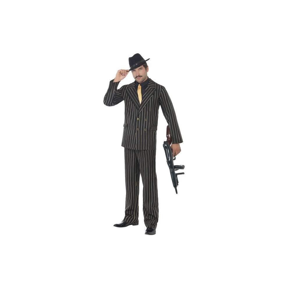 Smiffy's Adult Men's Gold Pinstripe Gangster Costume, Jacket, Trousers, Shirt -