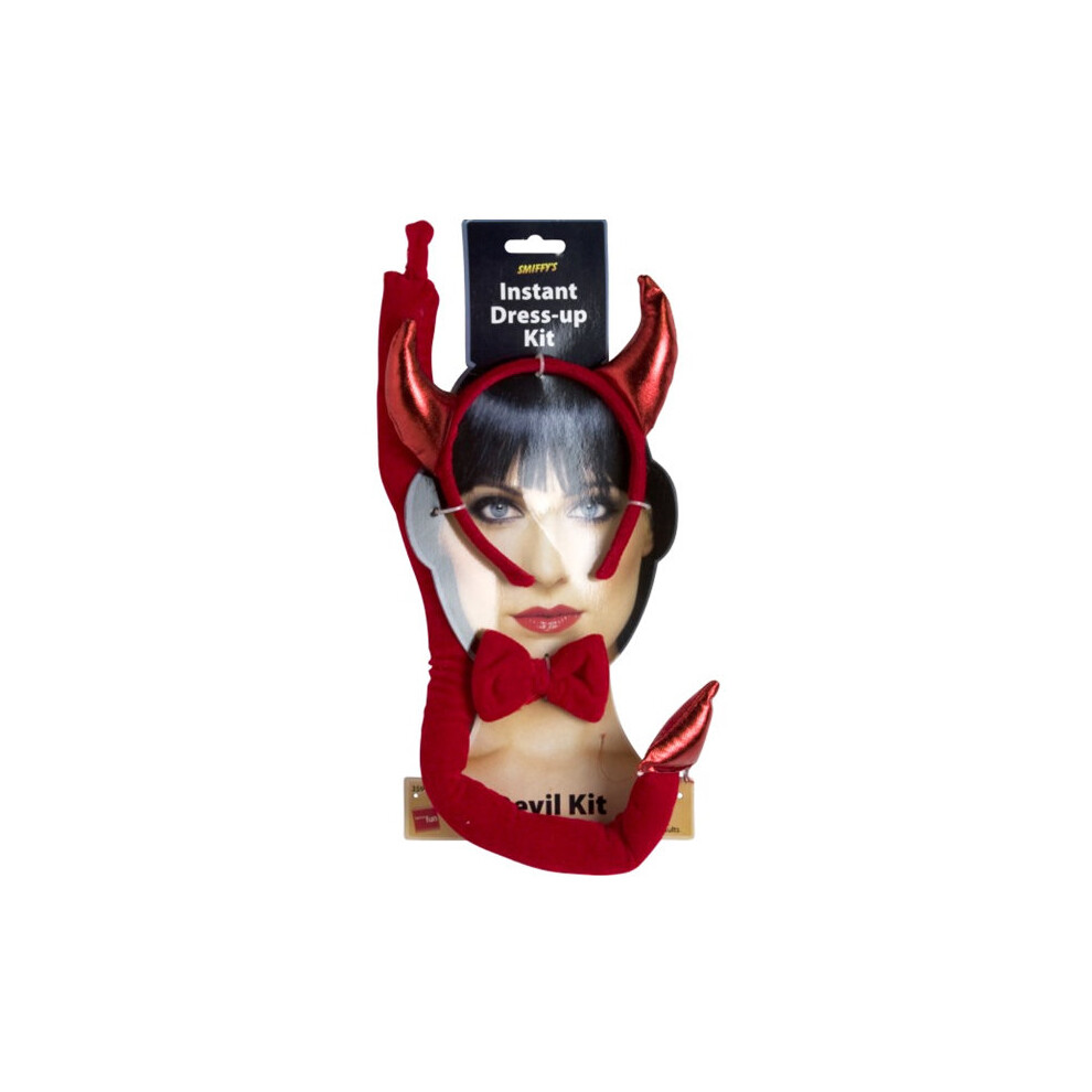 Smiffy's Female Devil Set - Devil Set Dress Fancy Horns Halloween Costume Tail Kit Instant Ladies Adult Accessory Bow Tie Brown