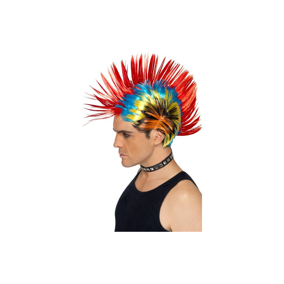 Smiffy's Multi Colou Rainbow Punk Mohawk Wig - 80S Wig Punk Mohawk Fancy Dress Street Multi Mens Adult Costume Red