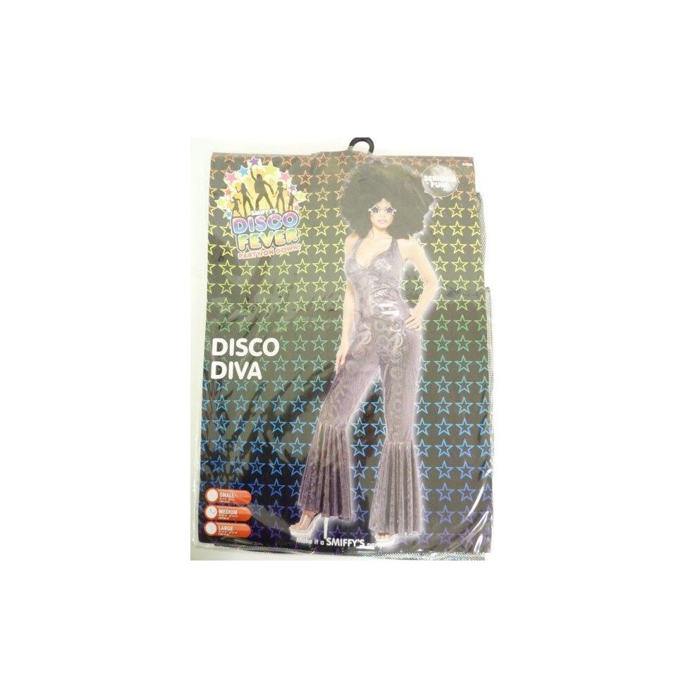 Smiffy's Medium Ladies Disco Diva Costume - Disco Costume Fancy Dress Diva 70S Ladies Adult Womens Outfit Jumpsuit Catsuit 1970S Silver