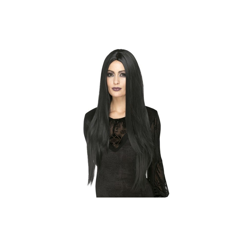 Smiffy's 45048 Deluxe Witch Wig (One Size) - Womens Adult Halloween Fancy Dress Wig Duchess Manor Morticia Costume Deluxe Witch Extra Long Black