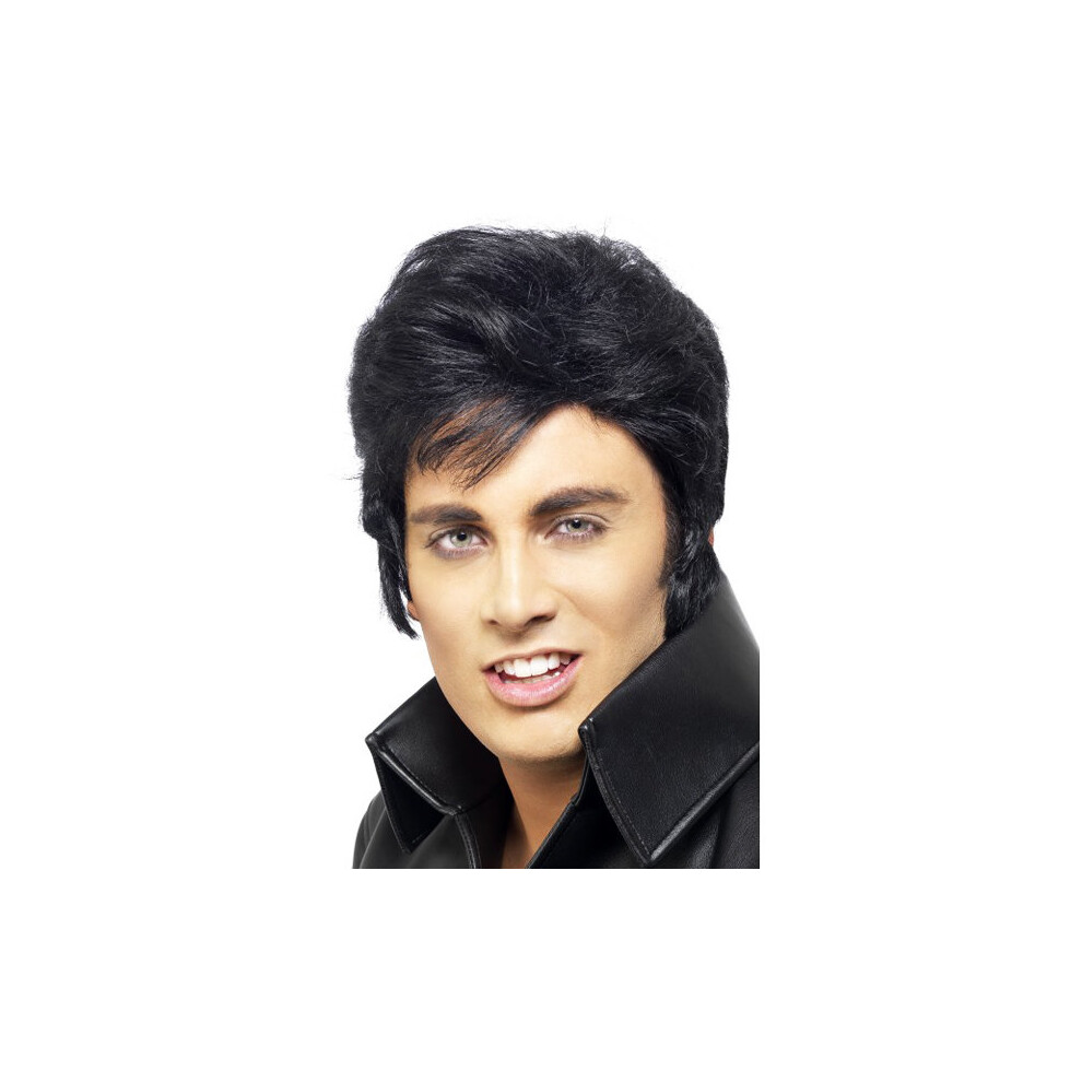 Smiffy's Male Elvis Wig - Wig Elvis Fancy Dress Mens Presley Licensed Accessory 50S Quiff Official Costume Black