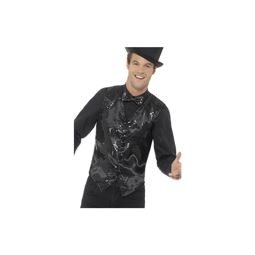 Smiffy's 46961M Sequin Waistcoat (Medium) - Sequin Waistcoat Fancy Dress Cabaret Adults Costume Accessory Mens Carnival New Disco Jacket Black