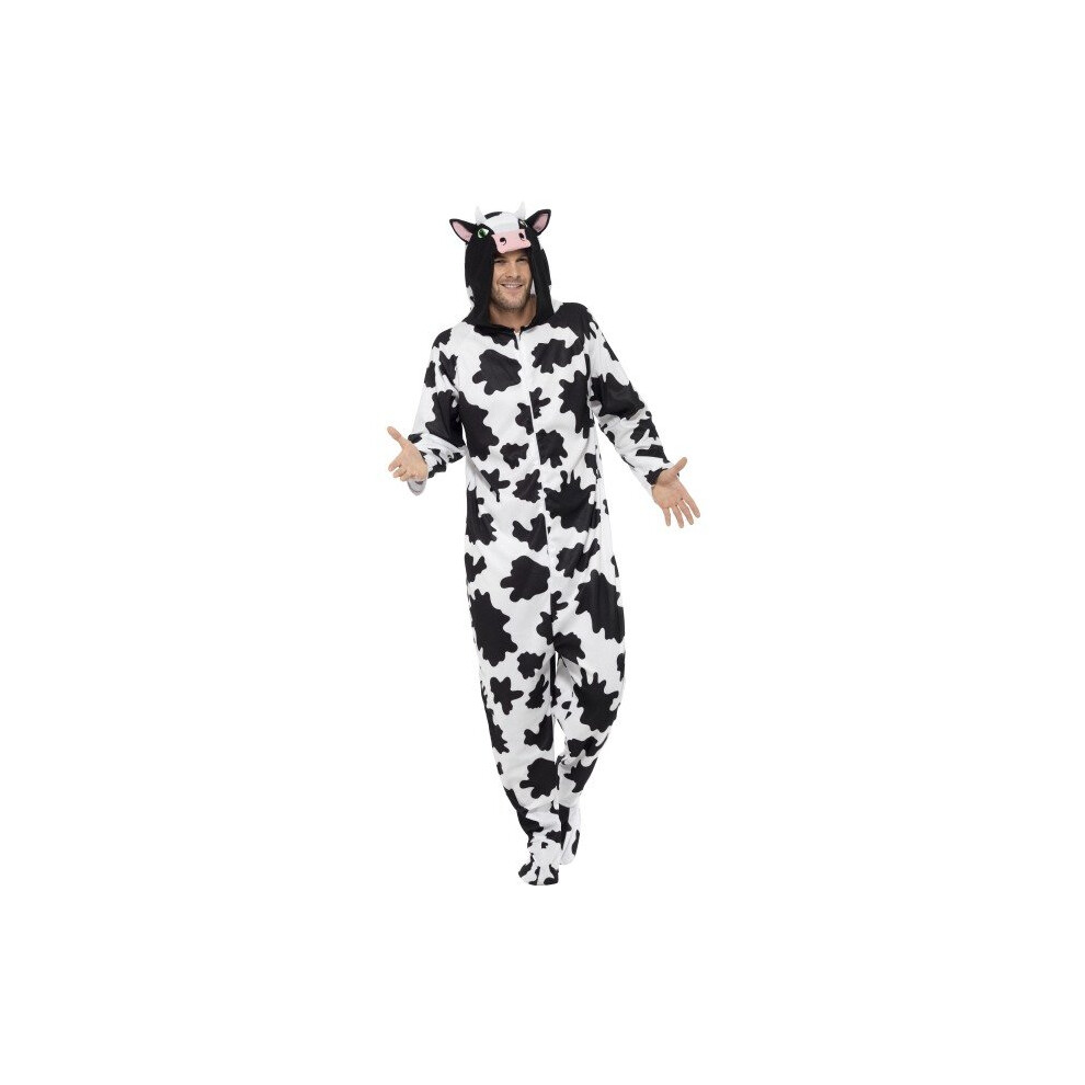 Smiffy's Adult Unisex Cow Costume, All In One Jumpsuit, Size: L, Colour: - Cow Costume Fancy Dress Adult Farm Animal Mens Ladies Outfit Black