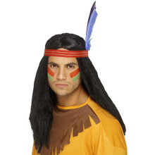 Musta Native American Inspired Brave peruukki sulka - peruukki intiaani rohkea musta naamiaisasu miesten natiivi villi smiffys puku american west