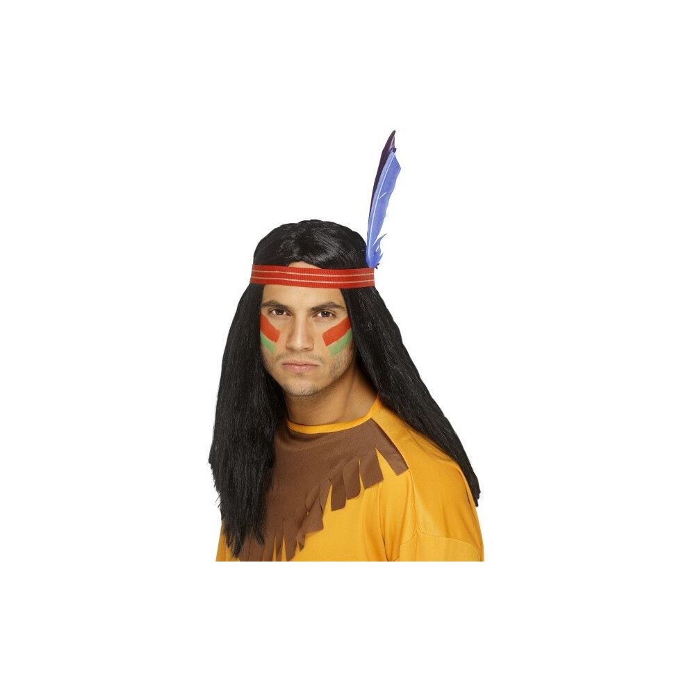 Smiffy's Native American Inspired Brave Wig With Feather - Wig Indian Brave Fancy Dress Mens Native Wild Costume American West Black