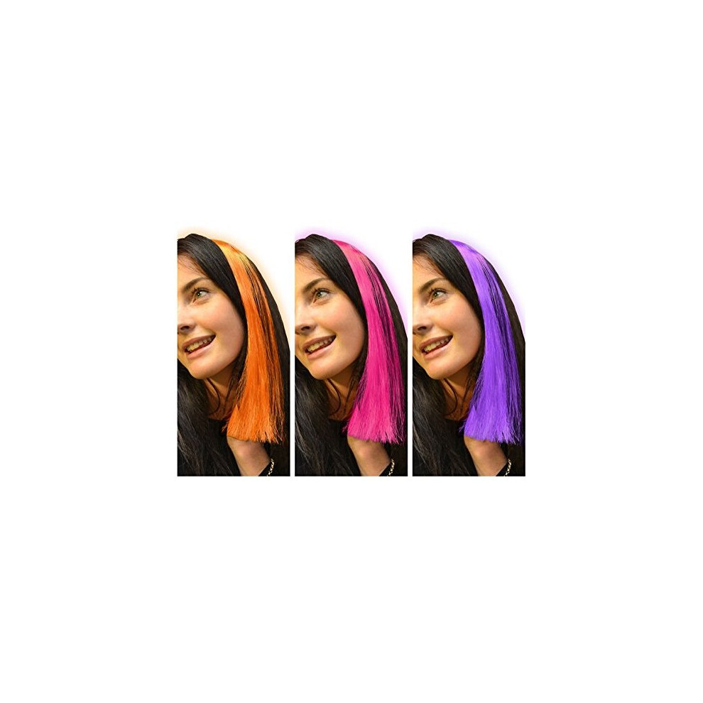 Fizz Creations Neon Hair Extensions -  pack 3 neon clip hair extensions bright colourful pink purple orange
