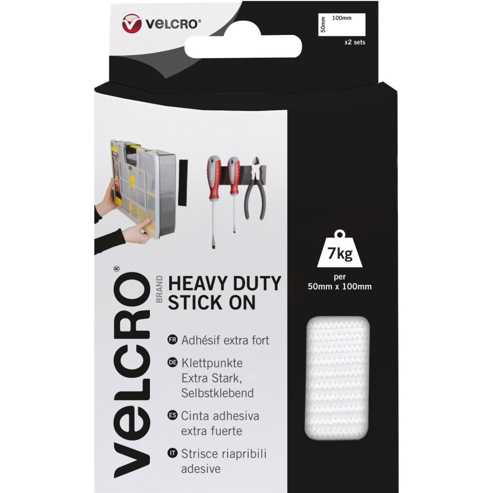 358369 Velcro Brand Heavy-Duty Stick-On Strips 50x100mm White - 7kg per Strip, Indoor/Outdoor, 2 Sets
