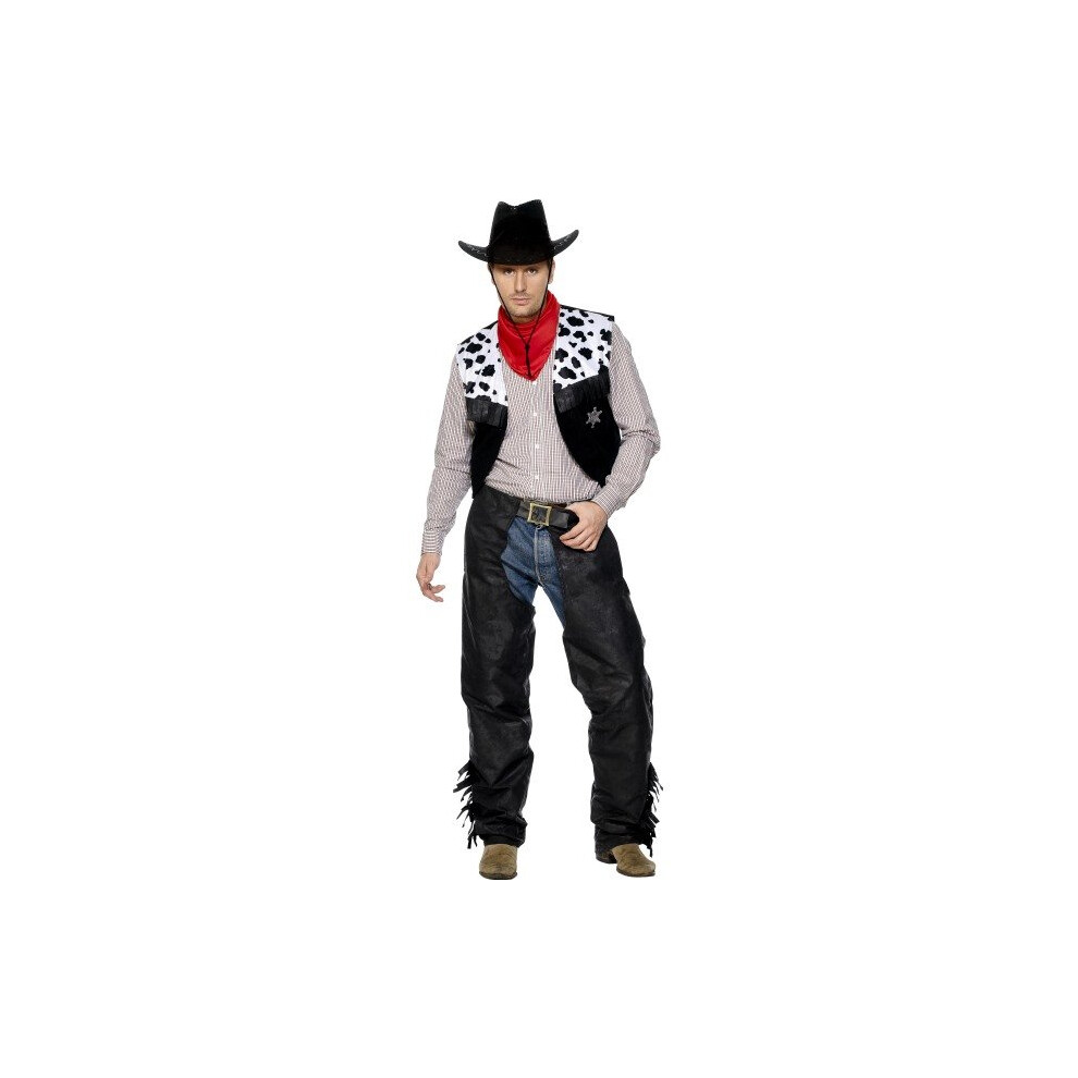 Smiffy's Adult Men's Cowboy Costume, Chaps, Waistcoat, Belt And Neckerchief, - Cowboy Costume Mens Wild West Outfit Fancy Dress Sheriff Rodeo Black