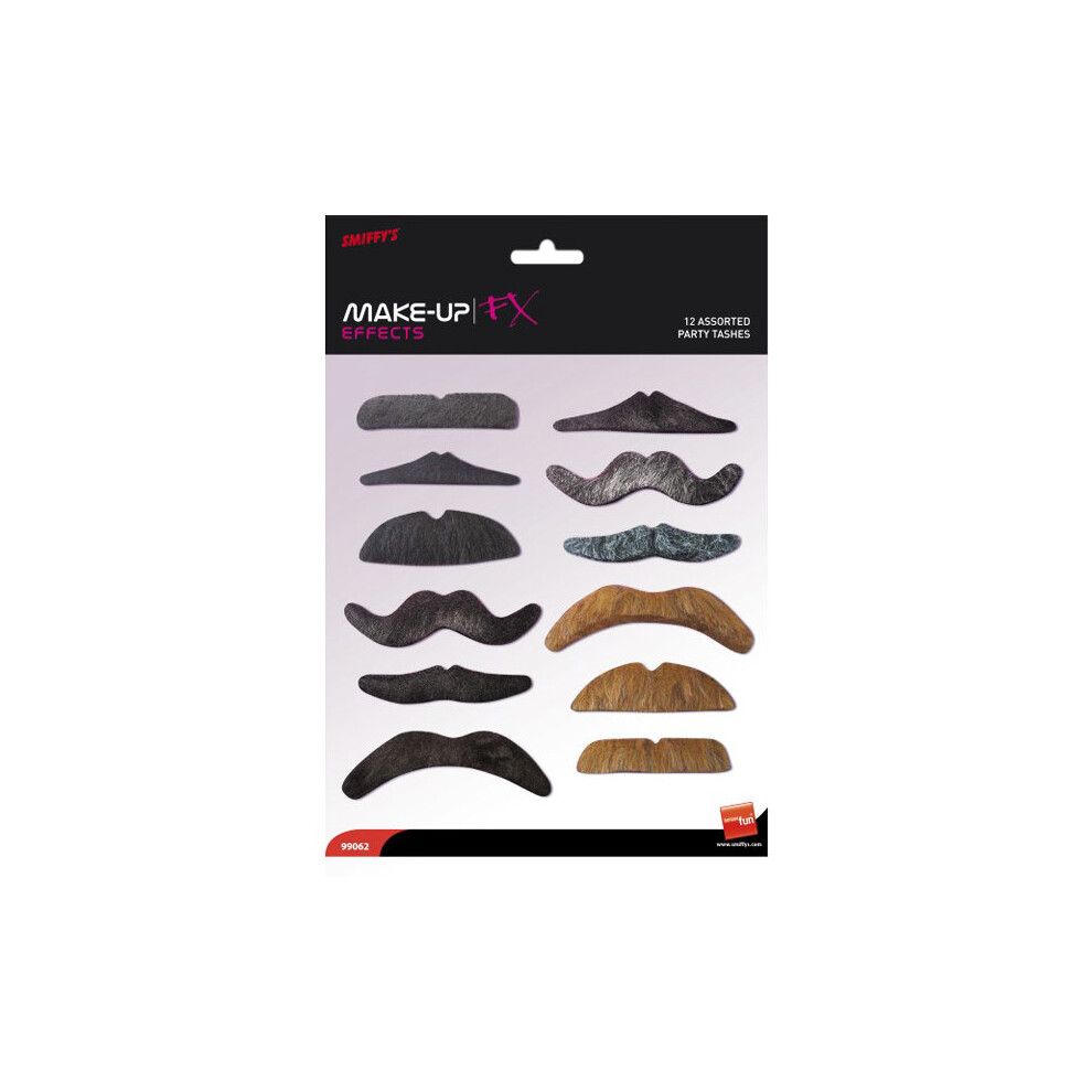 Smiffy's Male Party Tashes - Assorted 12 Pack - Party 12 Moustache Set Fancy Dress Beard Pack Assorted