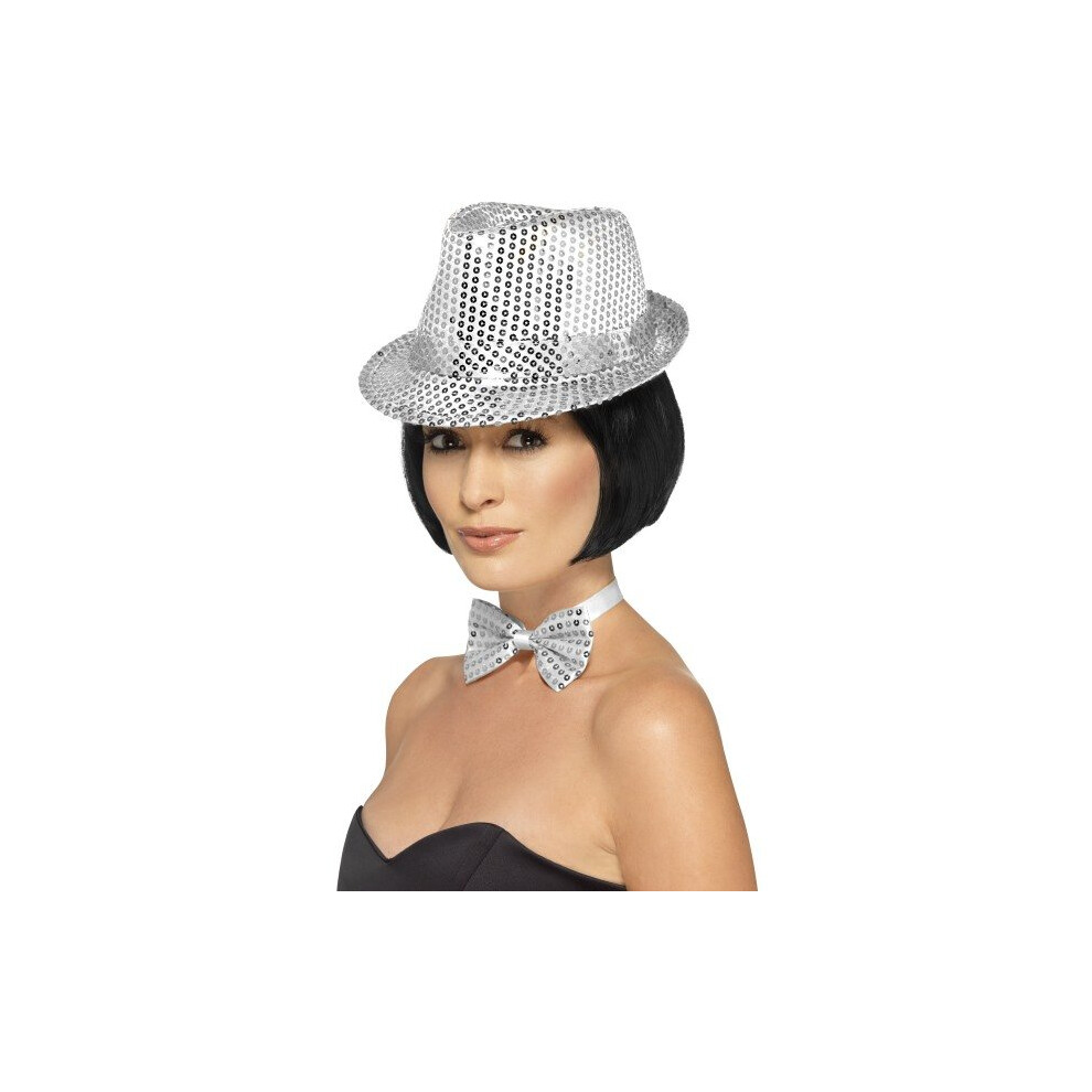 Smiffy's Unisex Sequin Trilby Hat (Silver) - Hat Sequin Trilby Fancy Dress Adult Party Ladies 1920S Accessory Silver