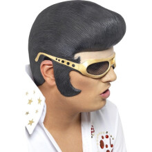 Black Elvis Headpiece - elvis headpiece fancy dress smiffys wig presley mens adult mask costume Rubber accessory licensed hair glasses shades