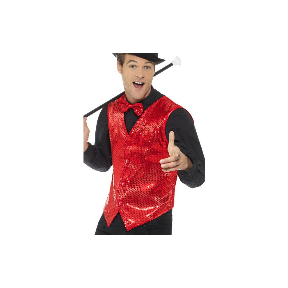 Smiffy's 46960S Sequin Waistcoat (Small) - Sequin Waistcoat Adults Fancy Dress Cabaret Costume Accessory Disco Jacket Mens Carnival New Red