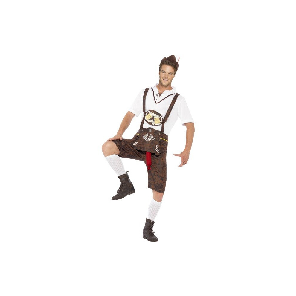 Smiffy's Adult Men's Brad Wurst Costume, Lederhosen, Shirt And Hat, Funny Side, -  costume oktoberfest fancy dress brad wurst mens beer lederhosen