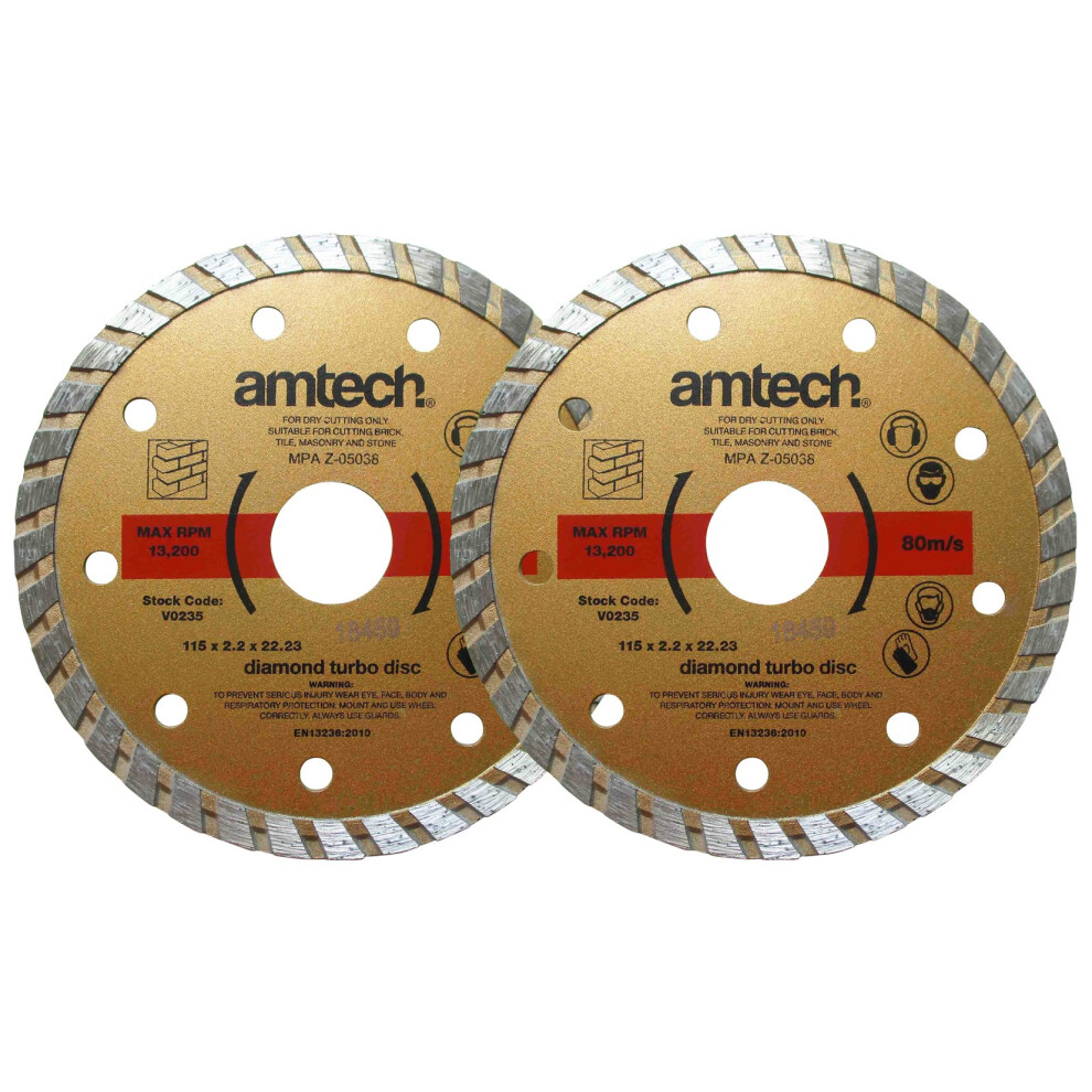 2Pc 115Mm (4-1/2") Diamond Turbo Disc Set - 115Mm Diamond Turbo Cutting Concrete Stone Brick 2 X Disc Hard Masonry Tiles Amtech 2Pc 45 Discs 5032759046577