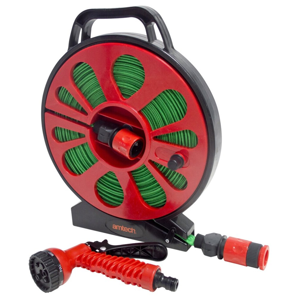 50ft Flat Garden Hose Pipe Reel Set -  flat hose pipe reel spray nozzle gun garden outdoor watering 15m 50ft 15m50ft set new50ft