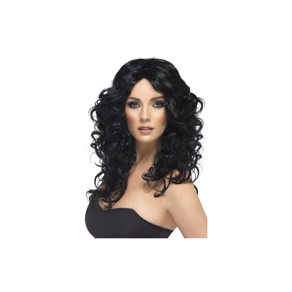 Smiffy's Women's Long Black Glamour Wig - Wig Glamour Black Long Curly Fancy Dress Ladies Accessory