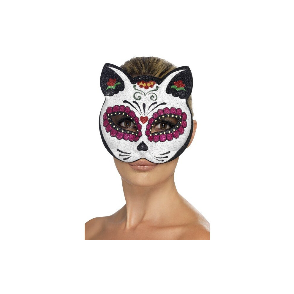 Day Of The Day Cat Eyemask -  sugar skull cat day fancy dress eyemask glitter dead halloween smiffys costume mexican