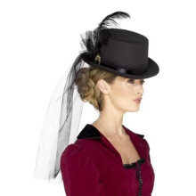 Deluxe Ladies Victorian Top Hat - ladies victorian top hat veil fancy dress deluxe womens adults costume accessory black feathers brooch