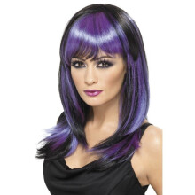 Long black and purple wig for women
