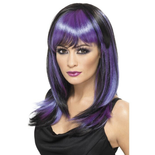 Long black and purple wig for women