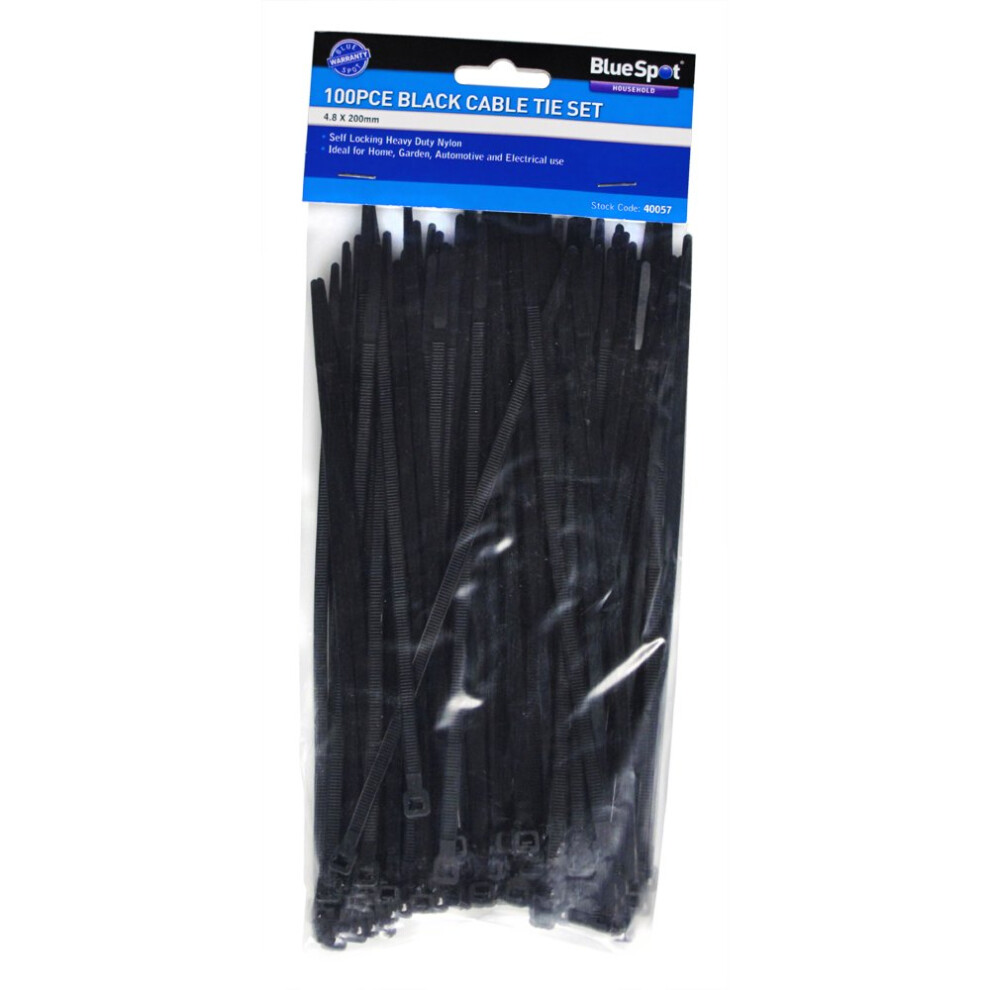 Bluespot 100 Pce 4.8mm X 200mm Black Cable Ties -  blue spot 40057 x 200mm 100 black cable ties pack 48 white 40053 electric 48mm piece