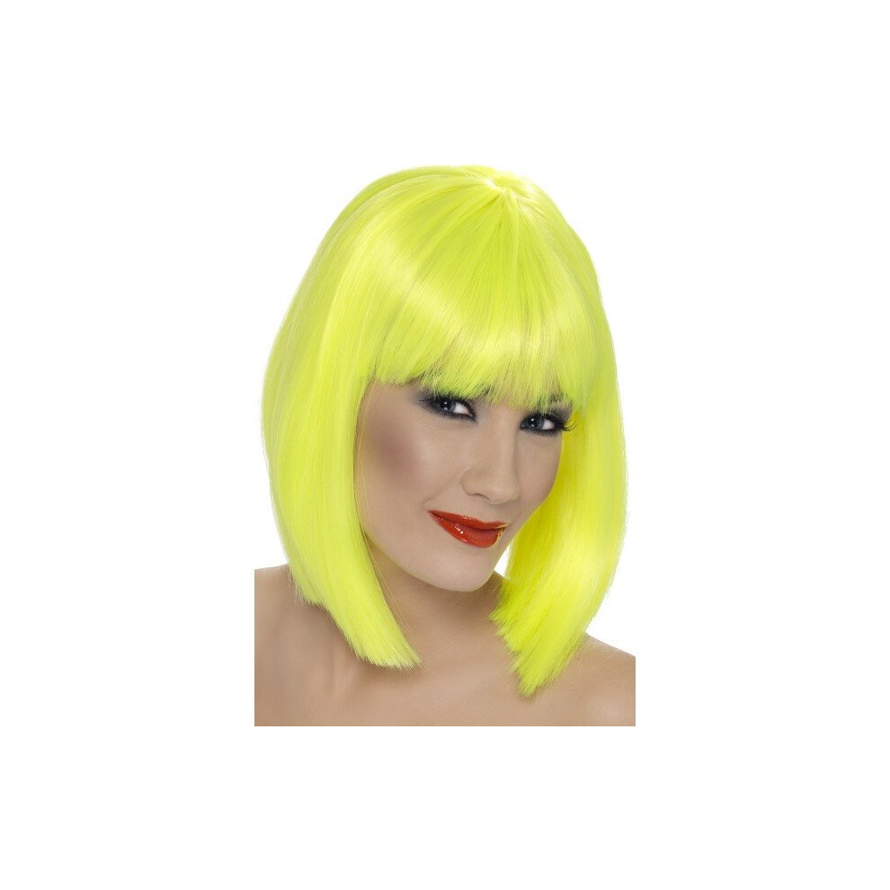 Short Neon Yellow Ladies Blunt Glam Wig With Fringe -  wig glam neon short fancy dress ladies yellow blunt bob fringe accessory smiffys