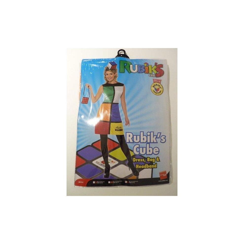 Rubik's Cube Costume, Multi-coloured, With Dress, Headband & Bag -  cube dress rubiks costume fancy womens ladies 1980s retro uk 18