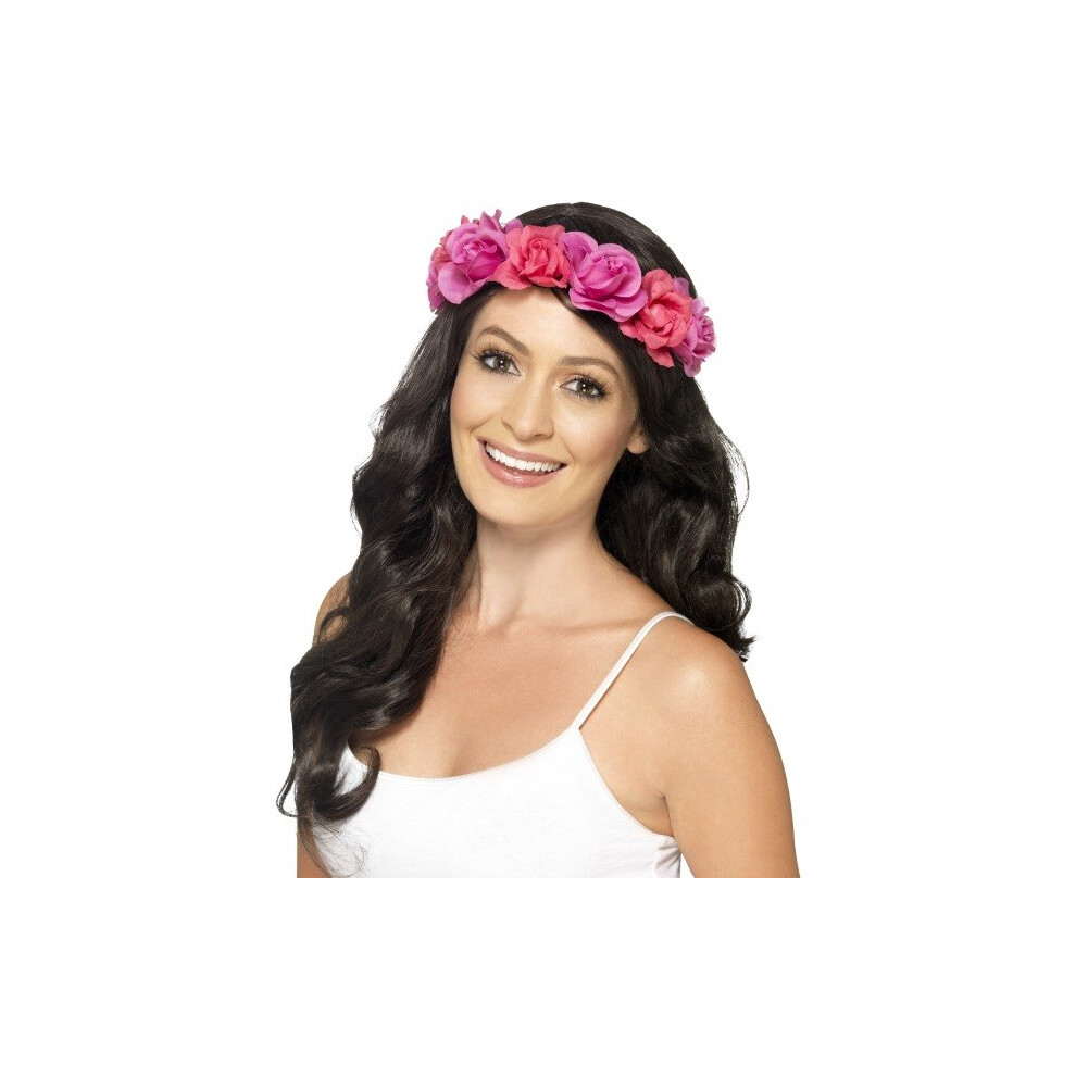 Smiffy's Women's Floral Headband (pink) -  headband fancy dress floral hawaiian pink smiffys ladies accessory womens rose flower